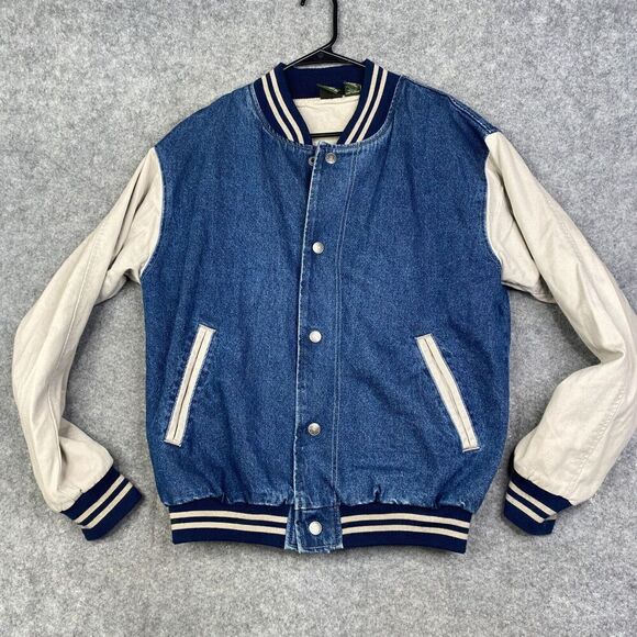 VINTAGE Denim Jacket Mens Medium Bomber Varsity Cotton Snap 90's Diehards - Picture 2 of 13